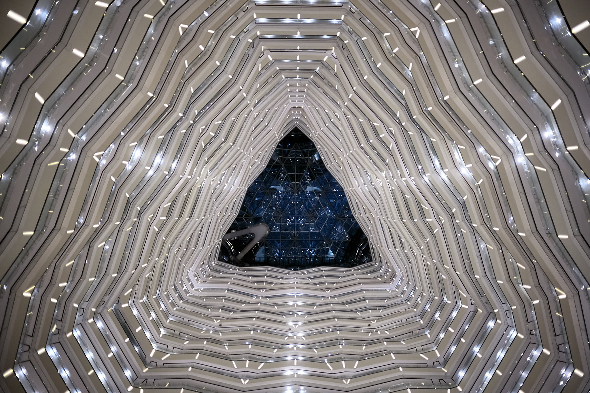 Looking up in Four Seasons Hotel lobby in Guangzhou, China; LEICA M10 35mm ISO-1000 1/45sec