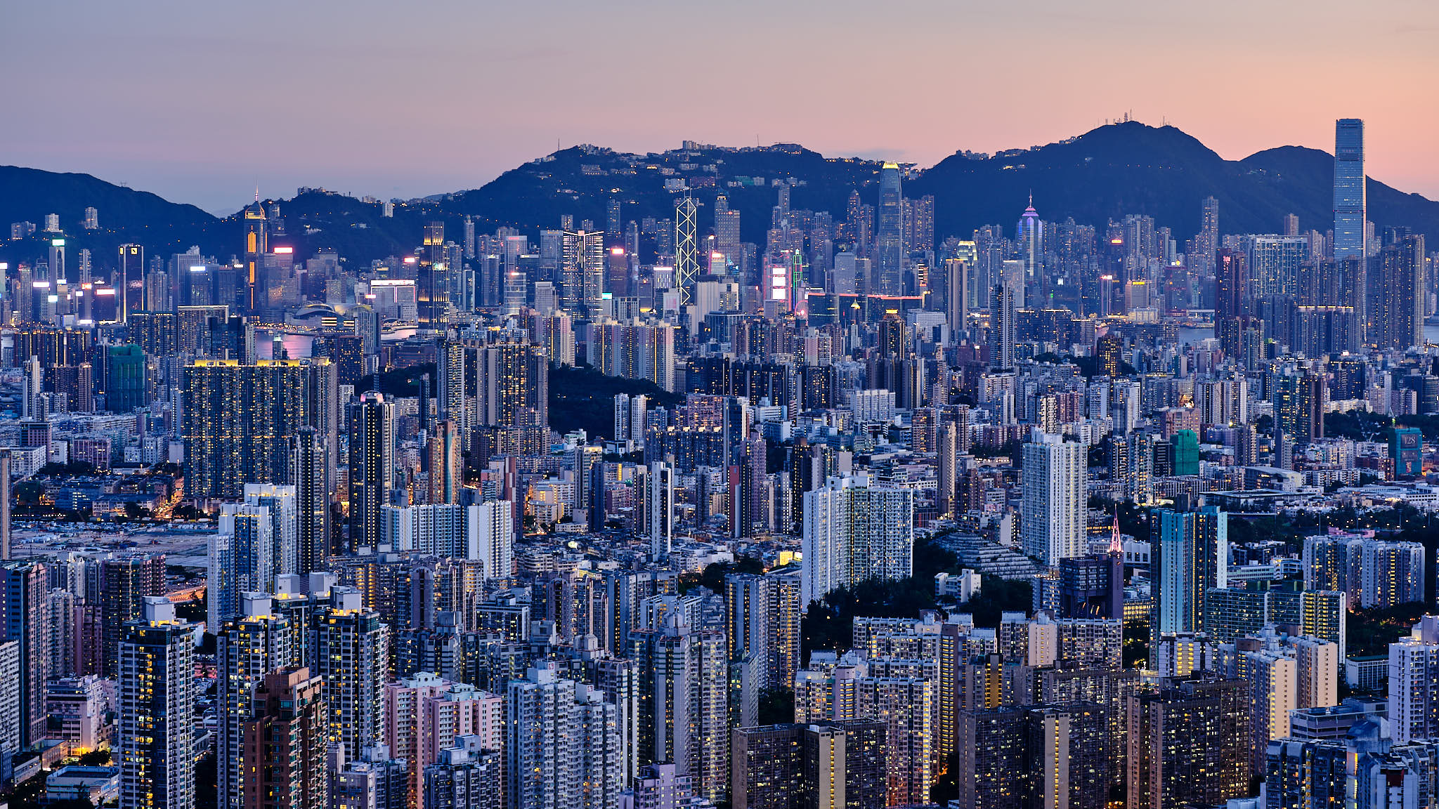 Blue hour overlooking Kowloon and Hong Kong Island from Sha Tin Pass Road