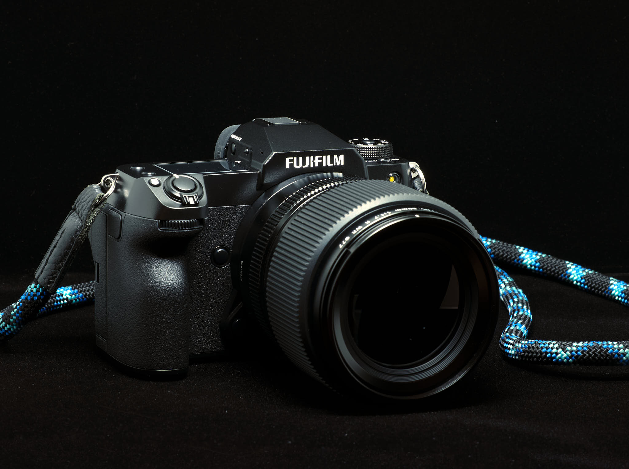 Front quarter view of Fujifilm GFX100S and GF80MM