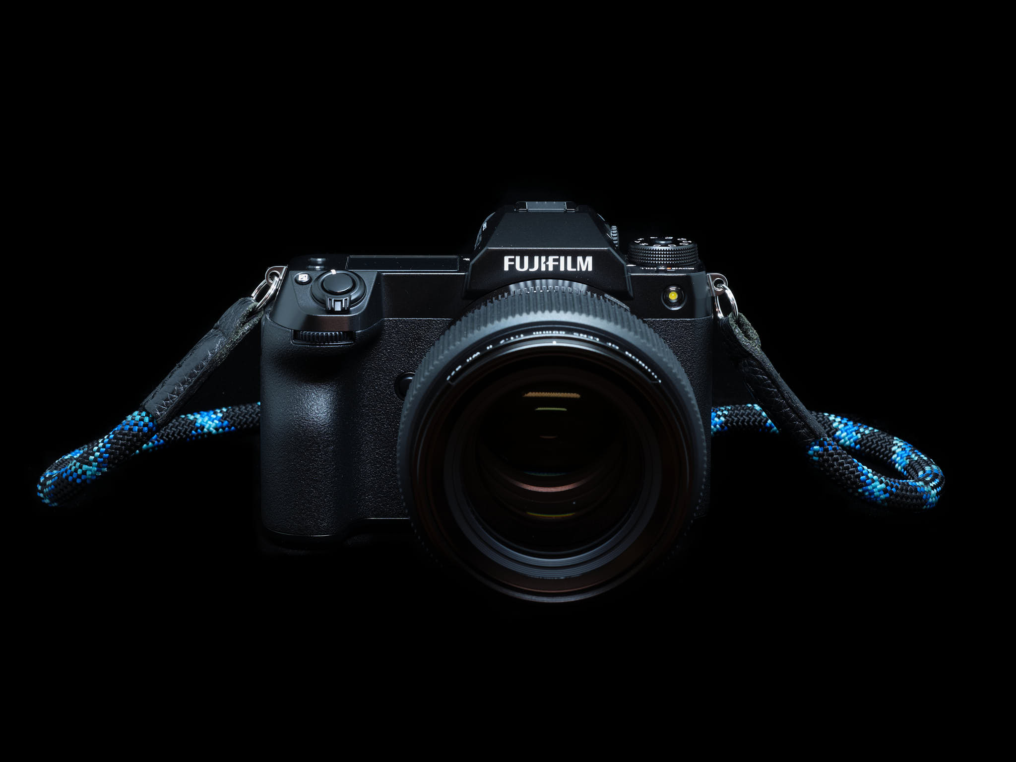 Front of Fujifilm GFX100S with GF80MM F1.7 lens attached