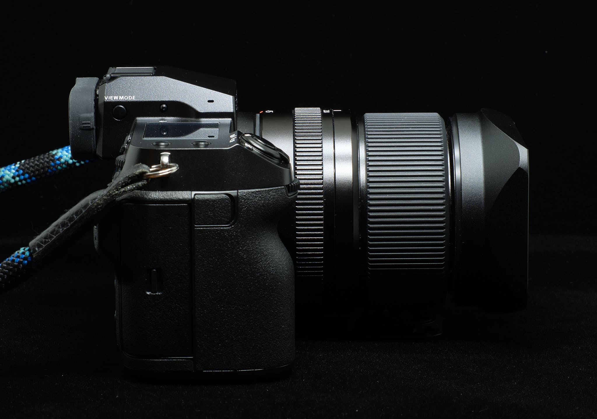 Side view of Haoge LH-G65 lens hood mounted on GFX100S and GF45