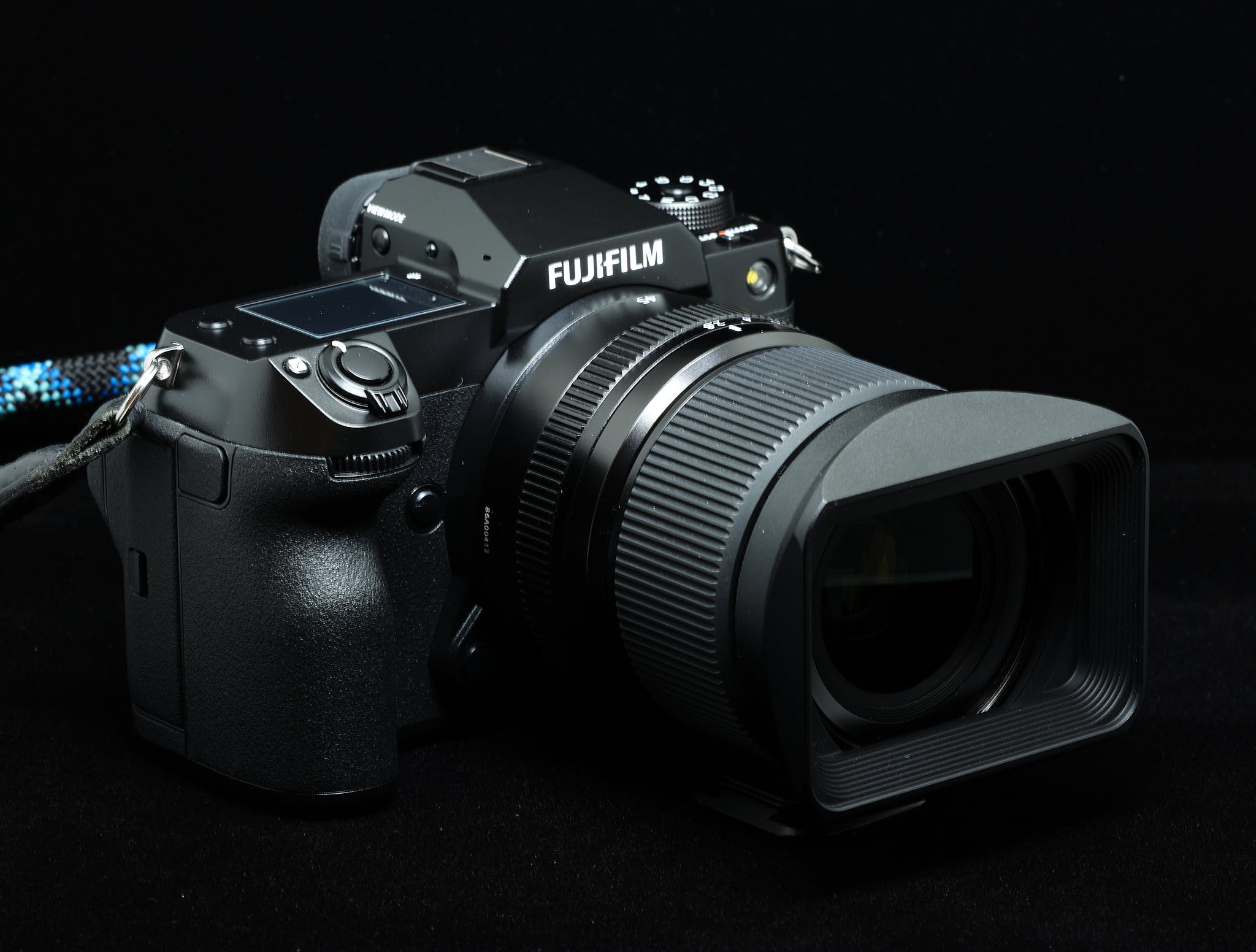 Front quarter view of Haoge LH-G65 lens hood mounted on GFX100S and GF45