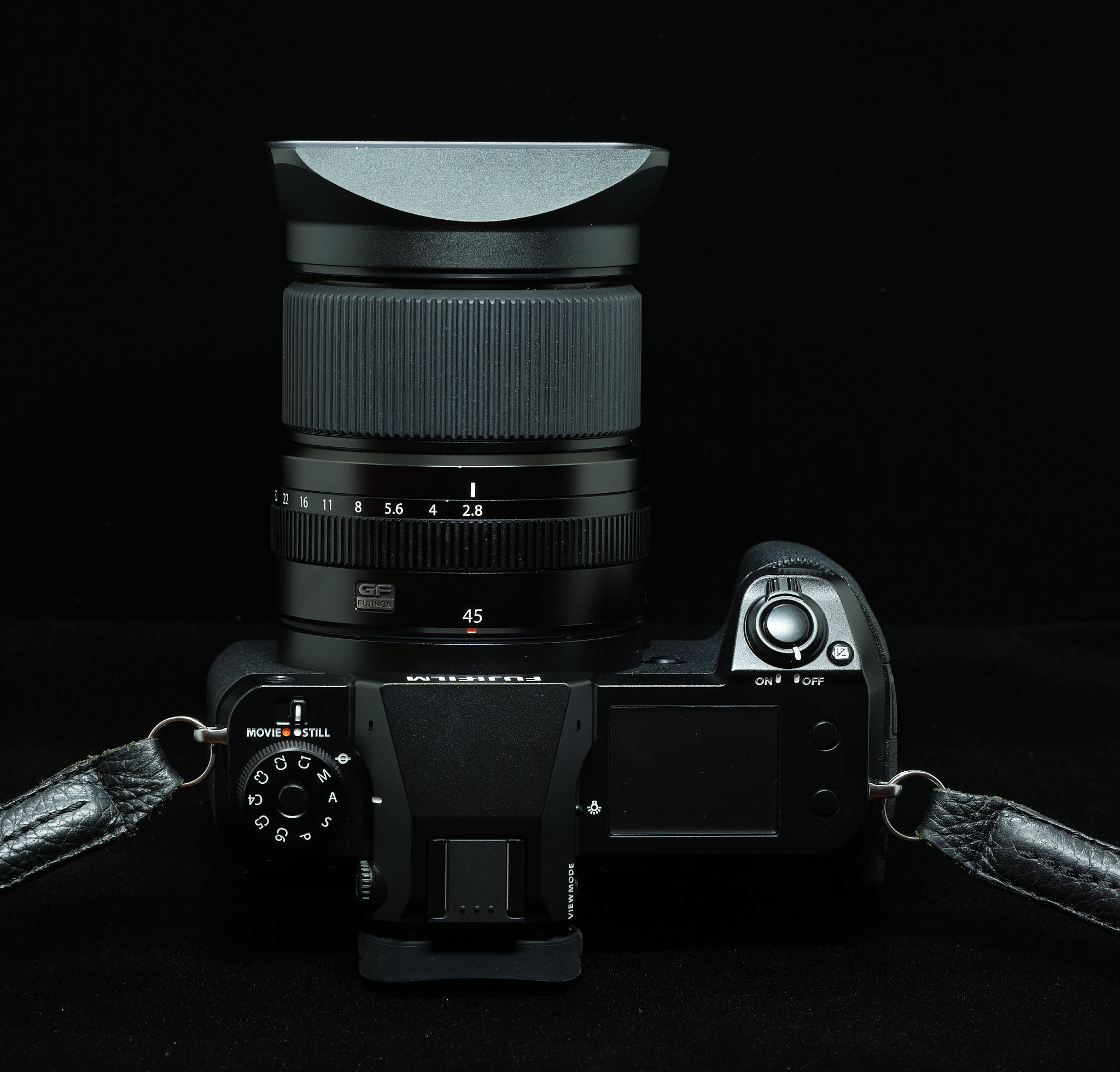 Top view of Haoge LH-G65 lens hood mounted on GFX100S and GF45