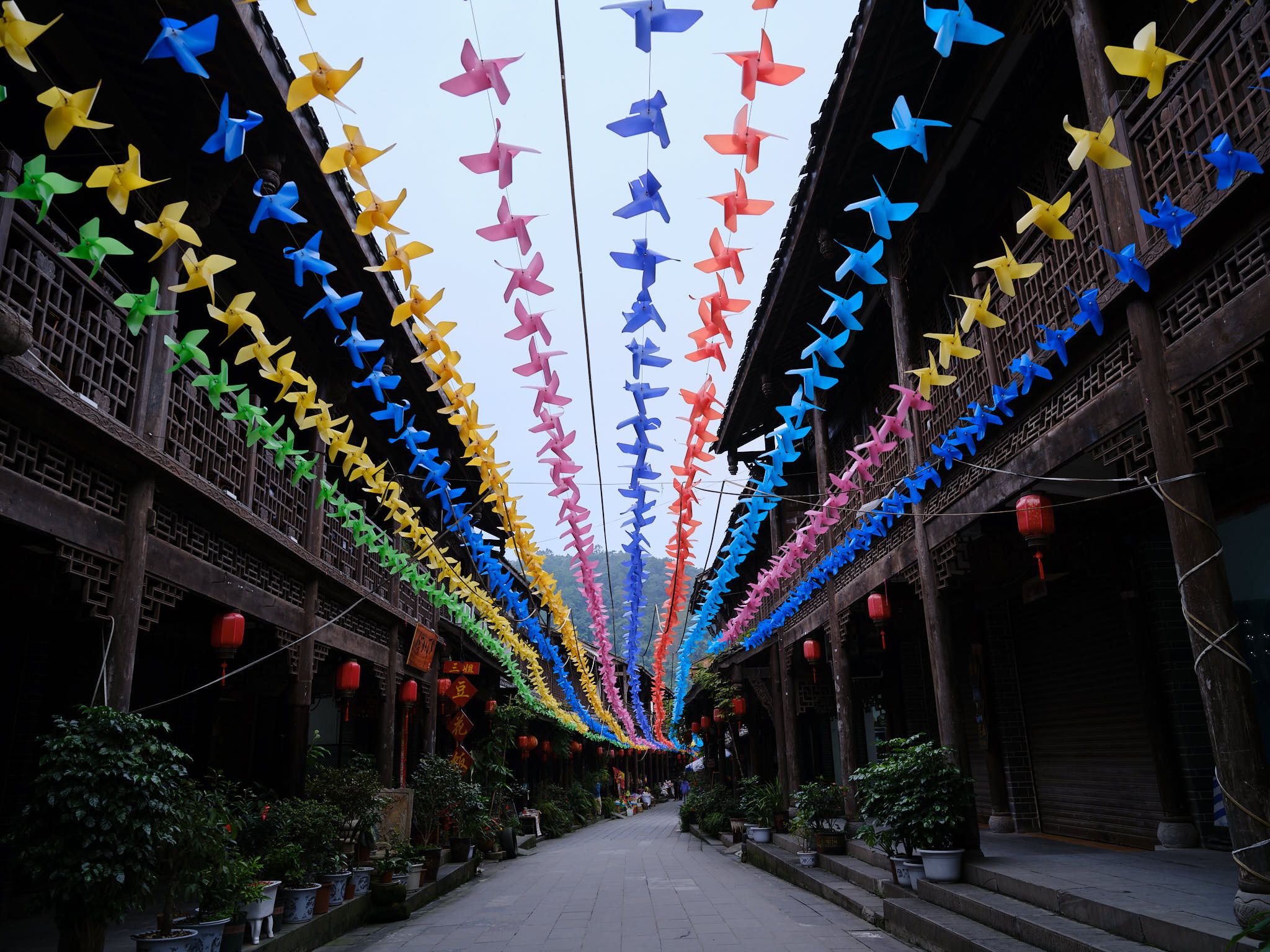 Ribbons overhead in Jiezi Ancient Town