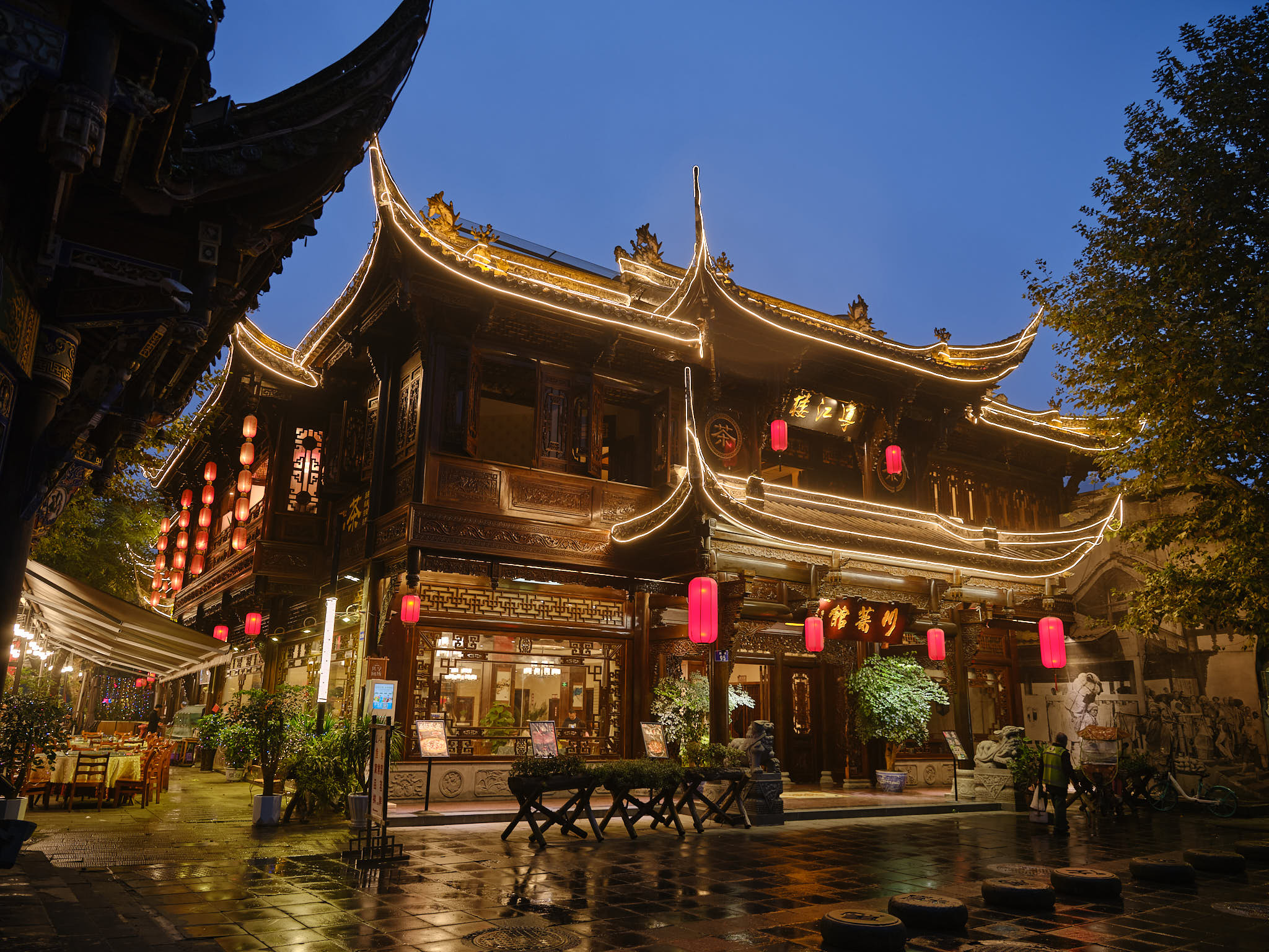 Ancient lit up building in Dujiangyan Chengdu