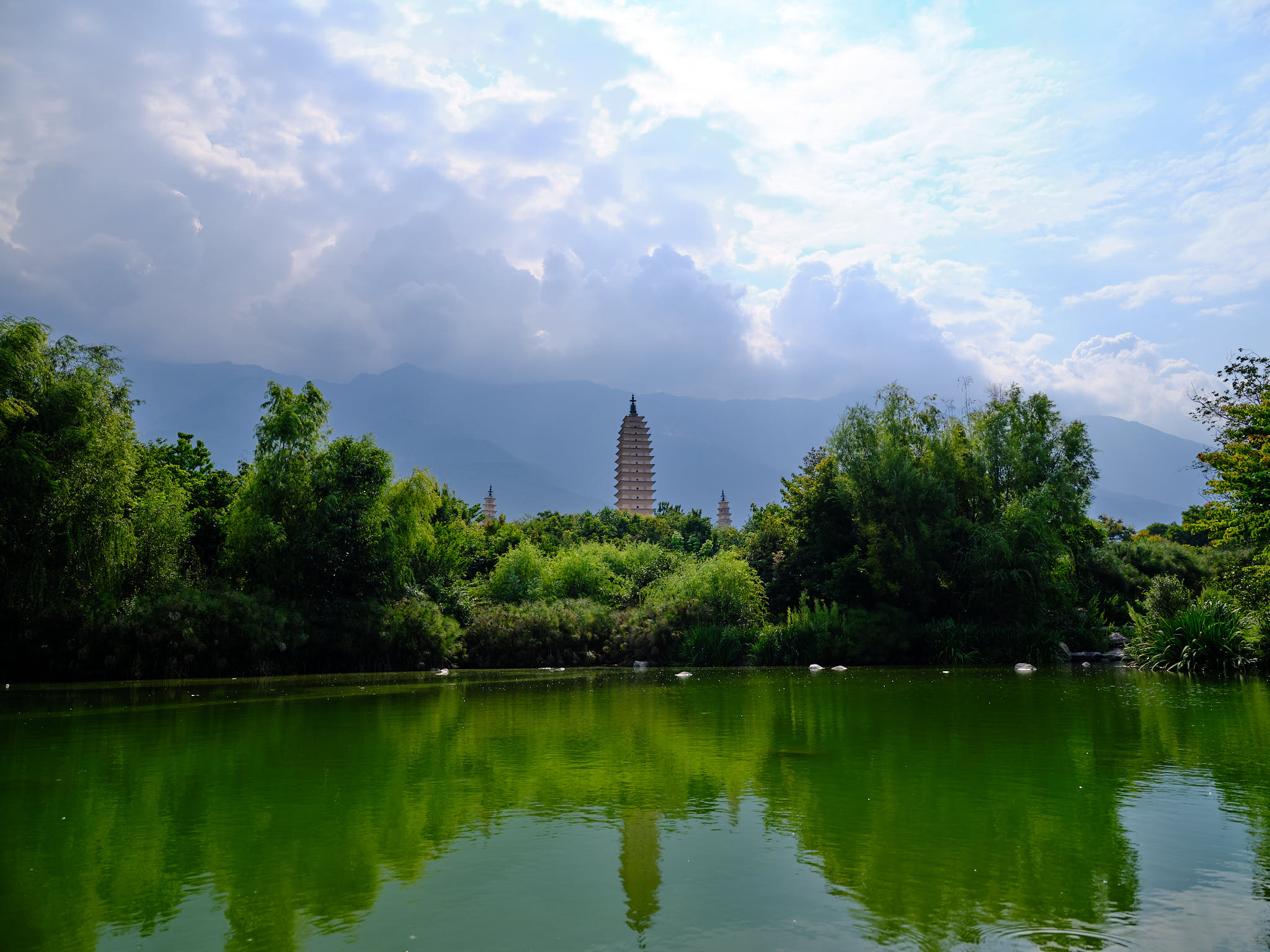 Three Pagodas reflecting in the lake